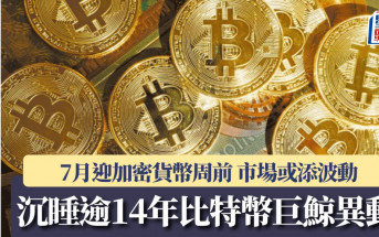 7月迎「加密貨幣周」前 沉睡逾14年比特幣巨鯨異動 市場或添波動
