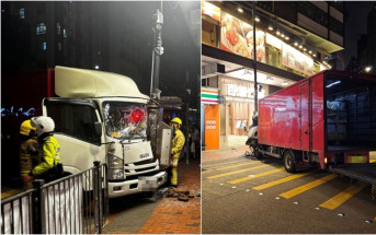 北角長命斜再現驚險車禍 貨車落貨時失控直衝 險剷行人路燈柱阻一劫｜車Cam直擊