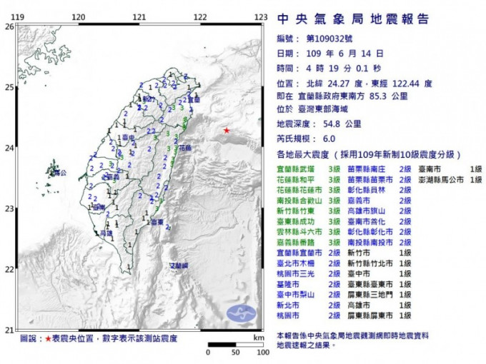 是次地霊全台灣都有震感。台灣氣象局