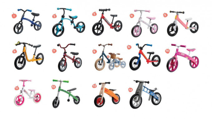消委会检测了市面上15款儿童平衡单车。图：消委会