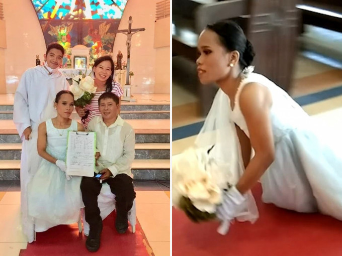 菲律宾女子天生无腿坚持「走」红地毯完婚感动众人。（网图）