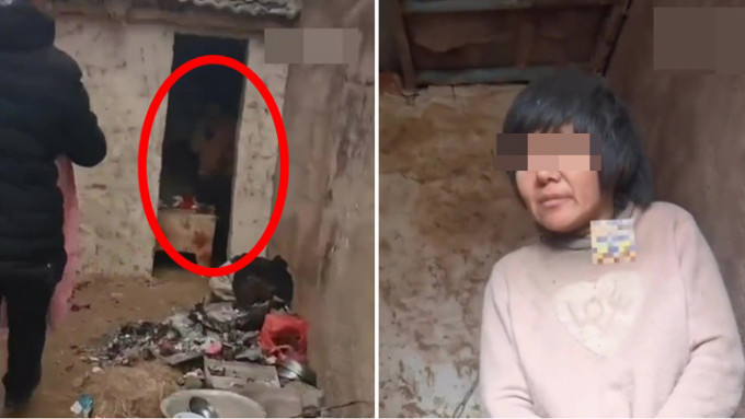 女子被铁链栓起，单独住在脏乱的小屋之中。互联网图片
