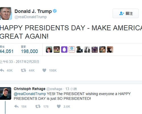 特朗普在 Twitter上传送庆祝总统日的讯息。Twitter