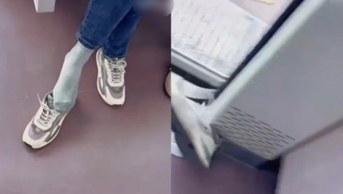 有乘客看不过眼趁车厢门关闭之际将鞋踢出。网图