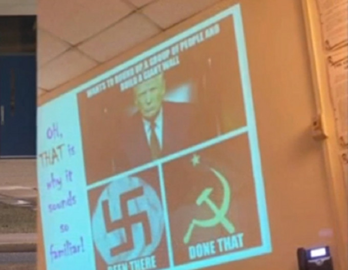 美國一間中學教材，將特朗普圖像和納粹主義、共產主義標誌並列顯示，引發爭議。網圖