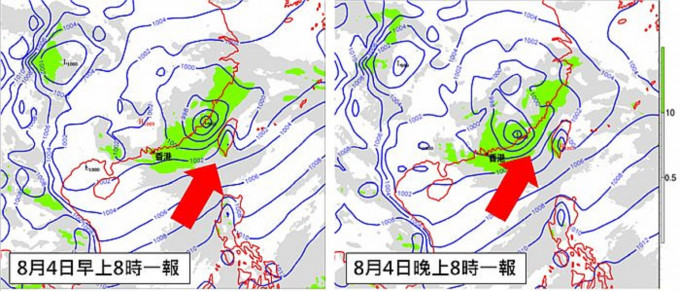 欧洲模式在８月4日的两报对于星期六（8月7日）早上的地面预测分歧颇大。西南季候风的大风区以箭咀表示，较强降雨以绿色表示。天文台