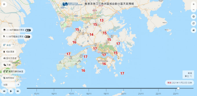 电脑预报显示，星期二凌晨3时打鼓岭气温只有13度，石岗气温14度。「自动分区天气预报」