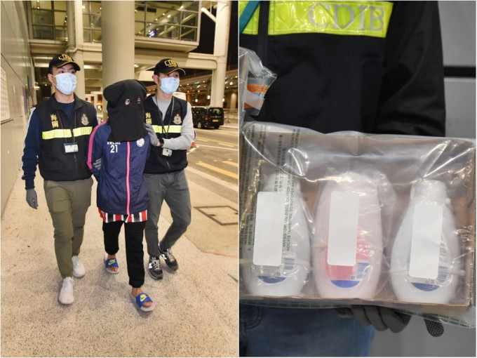 机场海关在一名巴西到港旅客行李中检获320万怀疑液态可卡因。黄文威摄