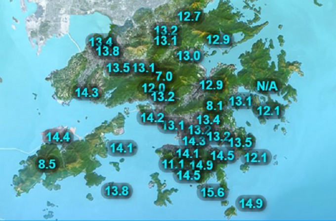 11月23日的本港最低温度分布图。天文台