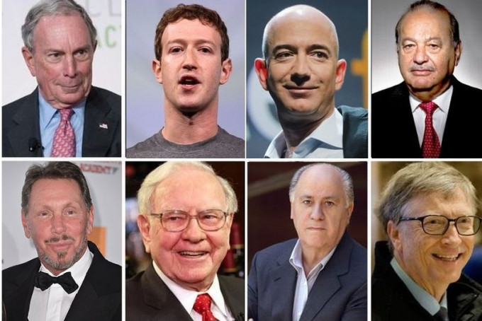 8位富豪包括比尔．盖兹、奥尔特加巴菲特、斯利姆贝索斯朱克伯格、埃利森及彭博。