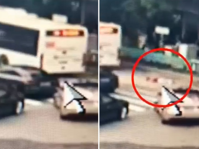 深圳一輛巴士疑將蹲下拾物的女童撞倒，她後來證實不治。影片截圖