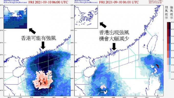 中尺度模式預測星期五（9月10日）下午風力達到強風（藍色）或烈風（紅色）的概率 。左圖為9月8日的其中一次運算結果，右圖為9月9日的其中一次運算結果，顯示康森導致本港吹強風的概率大為減低。天文台