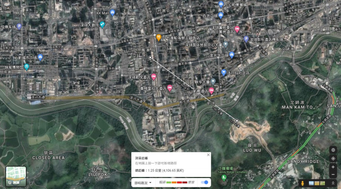 沙嶺殯葬城地盤距離深圳羅湖的萬象城約有1公里距離。Google地圖截圖