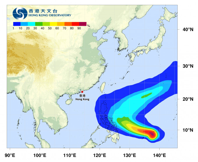 天文台预报显示「舒力基」较大机会往东北远离。热带气旋路径概率预报