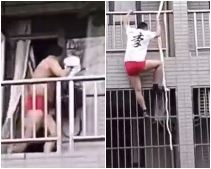 男子用熟練的技術直接從2樓陽台垂降逃走。片段截圖