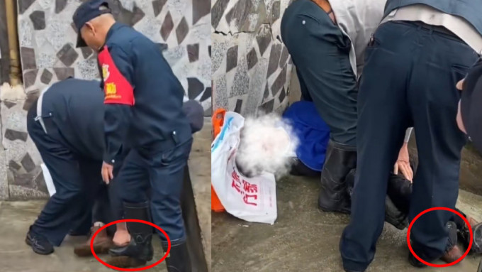 网传影片显示，保安踩著女子的足踝。