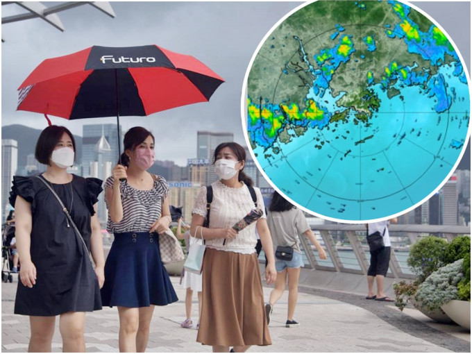 珠江口以西的雷雨區正逐漸向東移，並可能在未來一兩小時影響香港。資料圖片（小圖為天文台截圖）