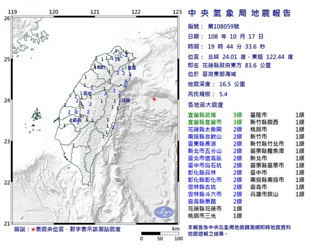 台湾东部海域发生地震。中央气象局图片
