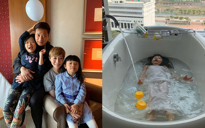 湯盈盈一家四口去中環酒店Staycation，分享了一張大女Alyssa獨自浸浴的照片，引起網民爭議。