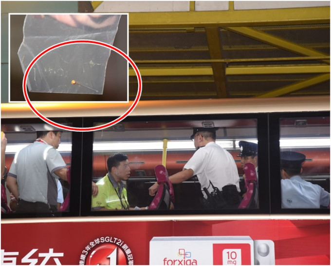 車長在31B號九巴上層座位地上發現一支約3.5厘米長的大頭針（小圖）。