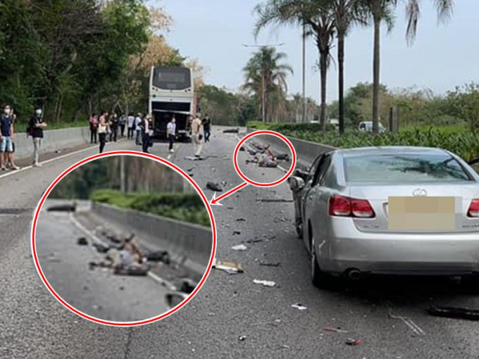 鐵騎士飛出數米外倒臥在馬路邊受傷。圖：小心駕駛fb 網民ChiWai Wong
