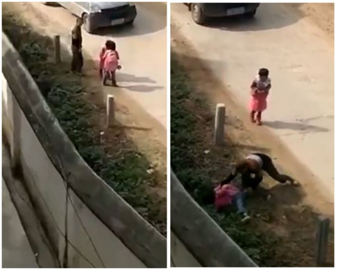 廣東肇慶一名父親，前天在街頭暴打兩名年幼的女兒（網上圖片）