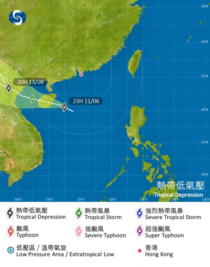 热带低气压正在香港西南偏南500公里内掠过。天文台