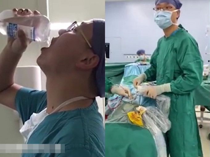 醫生在手術後飲用葡萄糖水，意外引起熱議。影片截圖