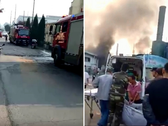 河南一工厂发生爆炸，大批警员、消防及救护人员到场。　影片截图