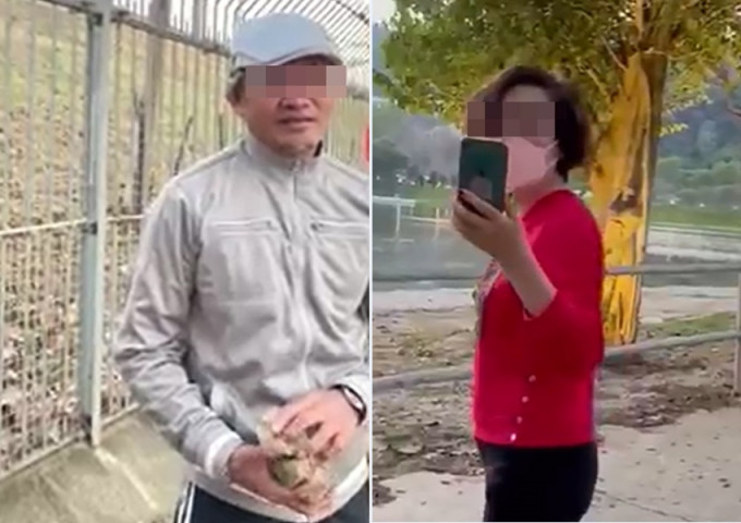 男子(左)拾石块疑企图掷狗，被路过市民制止。《香港动物报》截图