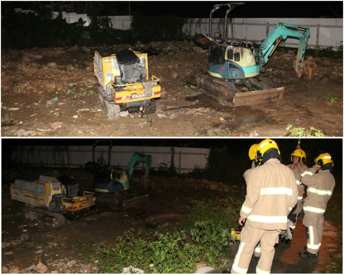 图上：被纵火烧毁挖泥车（右）。图下：消防到场调查。