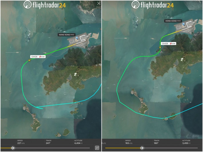 客機原定路線圖（左圖）及涉事航班偏離的路線（右圖）。