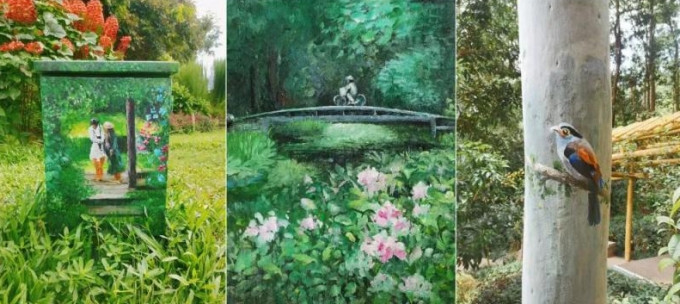 李平的畫與公園自然景色混然一體。