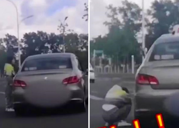黑龍江一女子考駕駛執照路試時在最後一個彎位失手，氣得拍打惡意扒頭的私家車(左)，又蹲在地上痛哭起來(右)。影片截圖