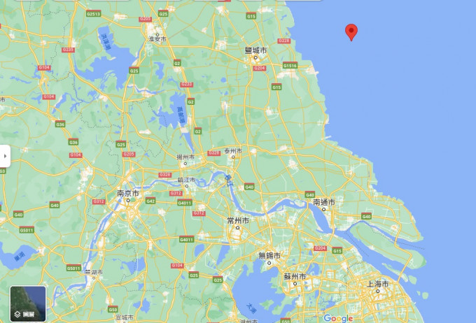 江苏盐城市对开海域发生5级地震。Google截图