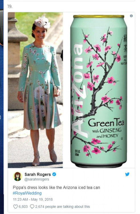 皮帕穿著一條綠色花裙出席哈里王子婚禮，被笑指似罐裝綠茶飲品。