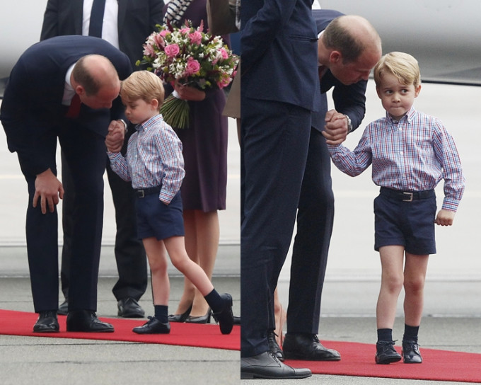 喬治王子表現緊張，爸爸威廉王子多次彎腰向他說話。美聯社