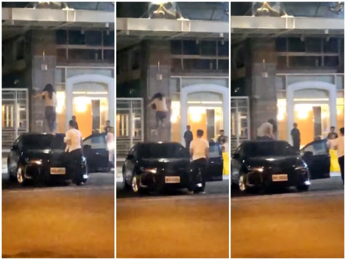 一名女子因與男友吵架，竟爬上男友的私家車車頂，並用力跳躍及拍打車頂。「台南爆料公社-台南最大社團」Facebook影片截圖