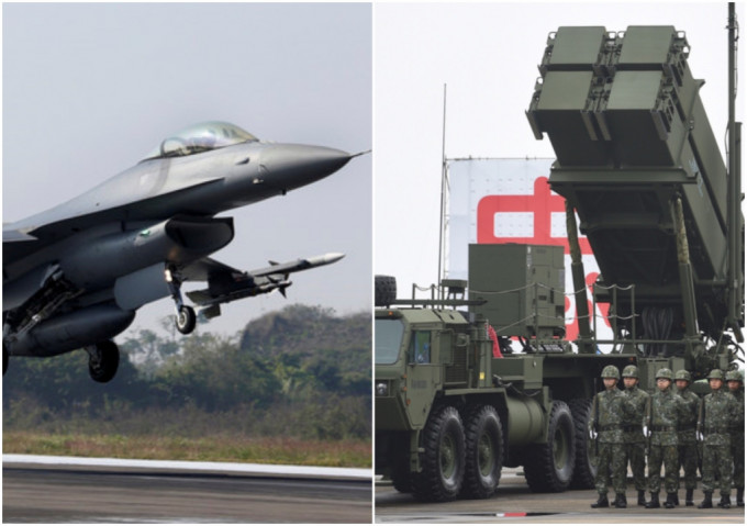 台湾购自美国的F-16战机(左)及爱国者导弹(右)。