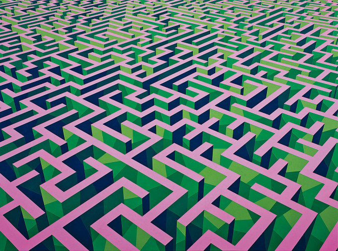 其中一幅迷宮作品《迷宮 綠和粉紫》。