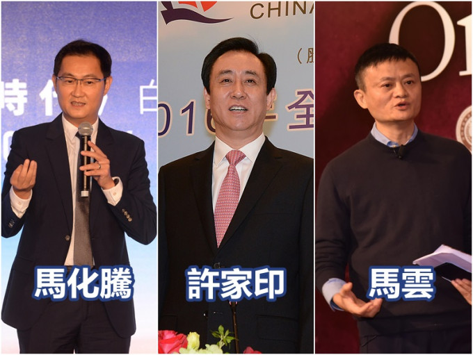 福布斯中国富豪榜，头三位别分别是许家印、马化胜及马云。资料图片