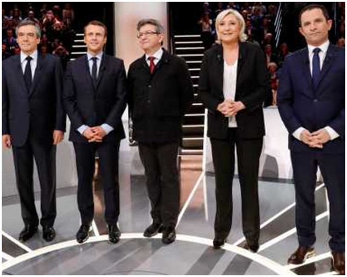 法國總統大選5位候選人周一進行電視辯論。AP圖片