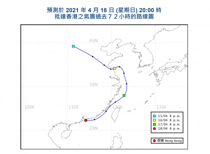 预测于晚上 8 时到达香港离地面 100 米高气团的路径，有助理解到达香港气团的可能源头。天文台