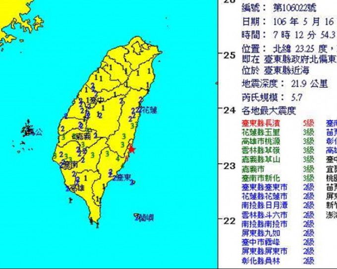 台东县近海发生5.7级地震。台湾中央气象局图片