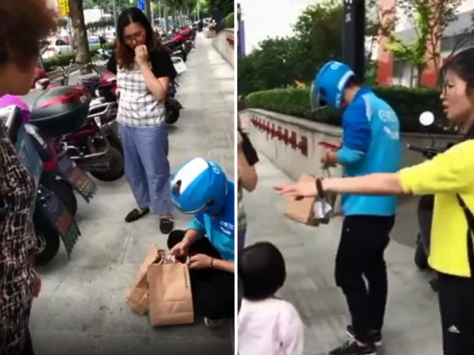 上海一名年輕的外賣員，在送餐途中被人偷走外賣，於是難過地坐在路邊哭泣。　影片截圖