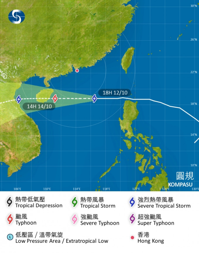 強烈熱帶風暴圓規會在明日凌晨最接近香港，在本港以南約400公里內掠過。天文台