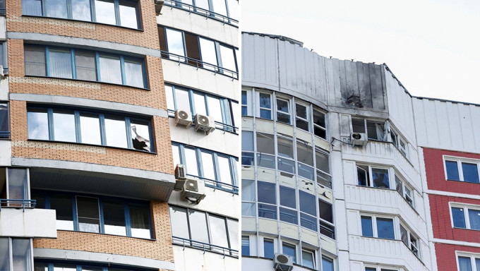 俄罗斯首都莫斯科罕见遭无人机袭击，多栋大厦留下被袭击痕迹。路透社