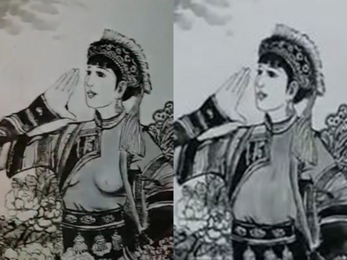 宣传画中的白族姑娘疑穿「真空装」（左），官方连夜修改为她「穿上内衣」（右）。 网图