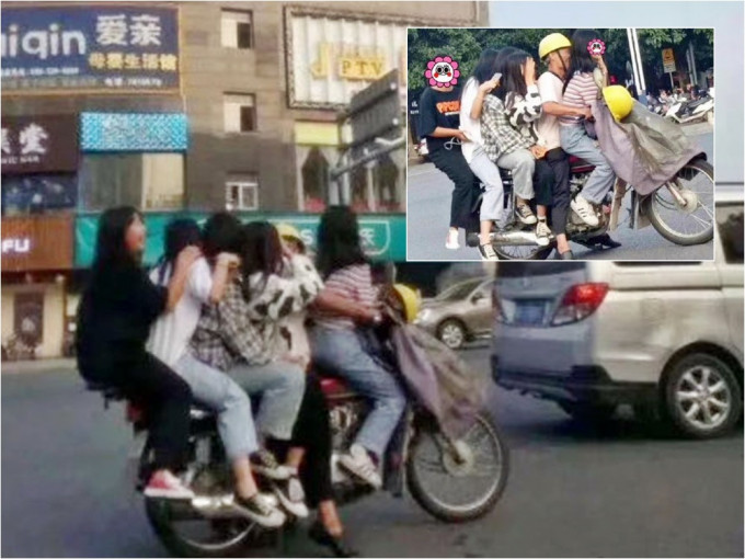 广东1名男子被拍到，一口气载着5名女子。网图