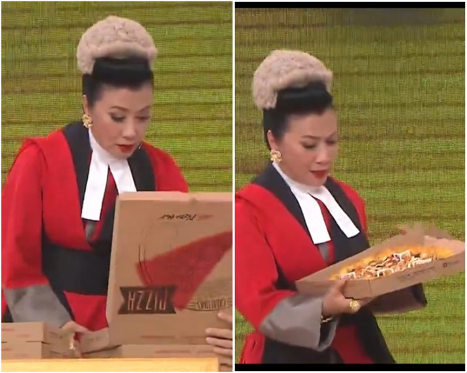 片段中顯示汪明荃飾演法官接收重要證物，即一盒薄餅。網圖